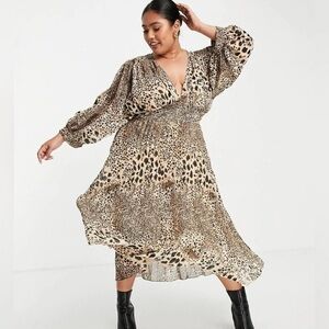 ASOS DESIGN Curve Leopard Cheetah Animal Print Batwing Sleeve Plunge Neck Dress